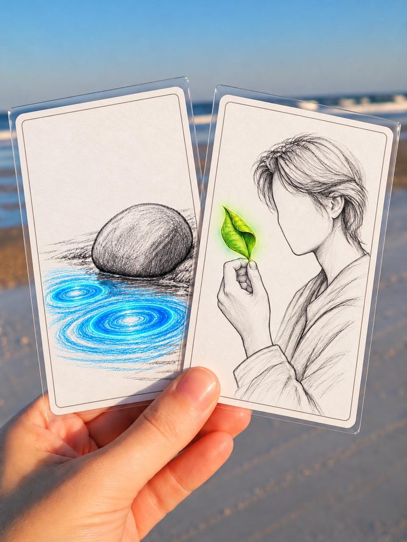 May include: Two rectangular cards in clear protective sleeves. The left card features a graphite drawing of a stone beside blue water ripples. The right card shows a graphite illustration of a person holding a single, vibrant green leaf.