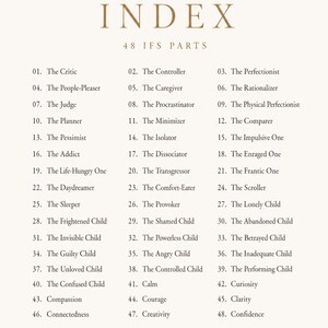 May include: A white informational print titled INDEX 48 IFS PARTS, listing forty-eight numbered psychological terms from The Critic to Confidence. The text is in dark brown, featuring a small rabbit icon and the text Bond & Awareness at the bottom.