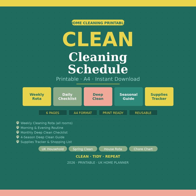 Week Rota Printable Cleaning Schedule Printable A4 | Weekly Rota | Deep Clean Checklist ...
