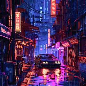 May include: Pixelated digital art of a rainy urban street scene at night. Neon signs in red and pink illuminate the buildings and reflect on the wet pavement. A black car is parked on the street, with a futuristic aesthetic.