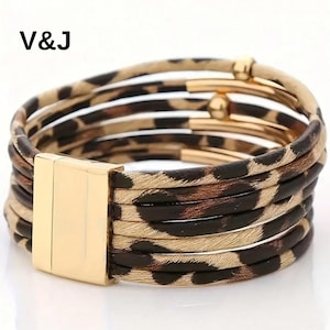 Leopard Print PU Leather Bracelet Womens Fashion Animal Print Cuff Plated Elegant Statement Jewelry