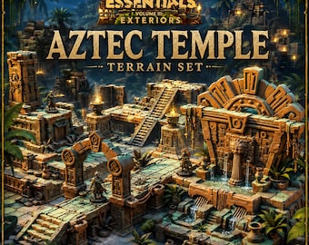 May include: A 3D printable terrain set titled Terrain Essentials Volume III: Exteriors Aztec Temple. The set features stone temple structures, arched gateways, tiered stairs, and water features with small warrior figurines in a jungle setting.