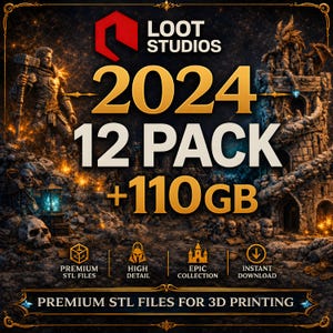 May include: A promotional graphic for Loot Studios featuring the text "2024 12 PACK +110GB" in gold. The image includes illustrations of fantasy characters and structures, with icons indicating premium STL files, high detail, epic collection, and instant download. The text "PREMIUM STL FILES FOR 3D PRINTING" is also present.