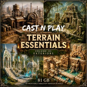 Cast n Play Terrain Essentials Vol 3 Exteriors Mega Bundle STL, décors fantastiques, éléments de décor pour jeux de rôle et de guerre, fichiers d'impression 3D