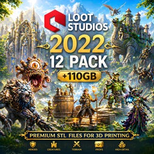 Puede incluir: Imagen promocional para Loot Studios 2022 12 Pack, con criaturas y personajes de fantasía. La imagen incluye el texto "LOOT STUDIOS 2022 12 PACK +110GB" y "PREMIUM STL FILES FOR 3D PRINTING". La imagen muestra varios modelos 3D.