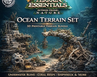 May include: A 3D printable ocean terrain set featuring underwater ruins, coral reefs, and a shipwreck. The scene includes stone structures, a hanging cage, and a treasure chest. Text reads: Terrain Essentials Outdoor Volume Nature Ocean Terrain Set.