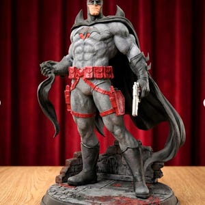 Puede incluir: Estatua detallada de Batman en una pose dinámica, con una combinación de colores gris y negro con detalles en rojo. La figura sostiene una pistola y una capa, de pie sobre una base con una pared de ladrillos y detalles de sangre. La estatua mide unos 30 cm de altura.