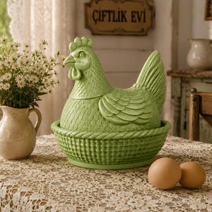 May include: A green ceramic chicken egg holder with a basket-weave base. The hen sits on the basket, with two brown eggs nearby. A vase of white flowers is on the left.