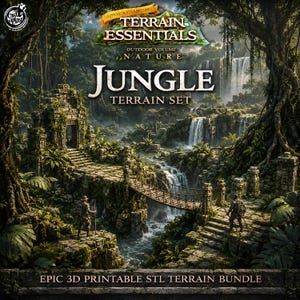 Op de afbeelding: Een digitale illustratie van een jungle terreinset met stenen ruïnes, een touwbrug en watervallen. De tekst luidt: Terrain Essentials Outdoor Volume Nature Jungle Terrain Set Epic 3D Printable STL Terrain Bundle. Bevat twee figuren.