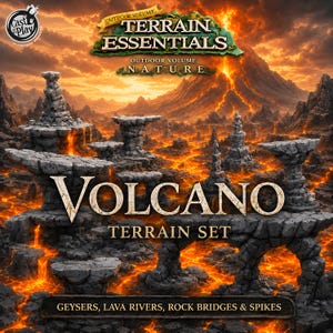 May include: A Volcano Terrain Set featuring gray stone rock formations, including elevated platforms, arched bridges, and jagged spikes. The scene includes flowing lava rivers and geysers set against a fiery volcanic landscape with text overlays.