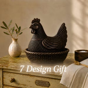 May include: A bronze-coloured hen-shaped container with a woven basket base. A small vase with green sprigs and a wooden bowl with salt are also present. The text "7 Design Gift" is displayed on the front of the wooden cabinet.