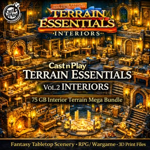Könnte beinhalten: Eine digitale Sammlung von 3D-druckbaren Fantasy-Tabletop-Geländedateien mit dem Titel Cast n Play Terrain Essentials Vol. 2 Interiors. Das Bild zeigt ein 75 GB großes Innenraum-Gelände-Mega-Paket mit Steinzimmern, Kaminen und Möbeln.
