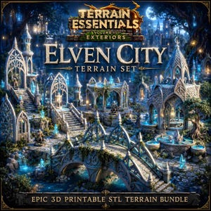 Pode incluir: Um conjunto de terreno imprimível em 3D intitulado Terrain Essentials Volume III Exteriors Elven City. O conjunto apresenta estruturas de pedra, pontes em arco, escadas e fontes com cristais azuis brilhantes em estilo arquitetônico de fantasia.