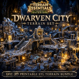 Kit de Construção de Cidade Anã em STL – Mina subterrânea, muros de pedra, pontes, plataformas e forja para impressão 3D, cenário ideal para jogos de RPG de mesa.
