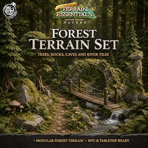 Op de afbeelding: Een bos-terreinset met bomen, rotsen, grotten en riviertegels. De scène bevat een stenen boog, een houten touwbrug over een beekje en paddenstoelen. Tekst: Terrain Essentials Outdoor Volume: Nature Forest Terrain Set.