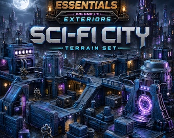 May include: A sci-fi city terrain set featuring modular blue-toned buildings, walkways, and crates. The text reads Terrain Essentials Volume III: Exteriors Sci-Fi City Terrain Set and Epic 3D Printable STL Terrain Bundle with small figures.
