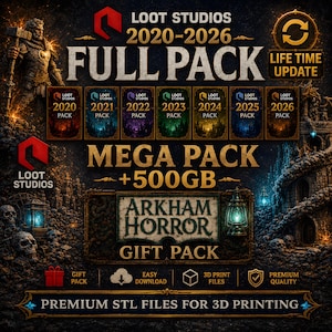 Puede incluir: Gráfico promocional de Loot Studios, con un 'Full Pack' de archivos STL para impresión 3D de 2020-2026, más un 'Mega Pack' con 500GB de contenido. Incluye un 'Arkham Horror Gift Pack' e iconos de descarga fácil y calidad premium.