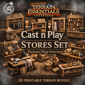 May include: A 3D printable terrain bundle titled Cast n Play STORES SET Fantasy Shop Interiors, featuring miniature wooden furniture, shelves, barrels, and tables filled with various small items for tabletop gaming environments.