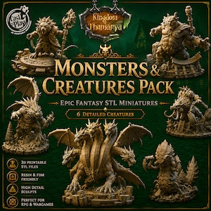 ティアマト＆クリーチャーパック、キャストンプレイ キングダムオブタマリヤ STLバンドル、ファンタジーRPGミニチュア、ドラゴンデーモンエント、3Dプリント、デジタルダウンロード