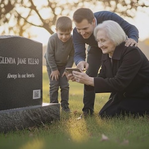 May include: A family looks at a smartphone near a headstone in a cemetery. The black headstone is inscribed with "Glenda Jane Kelso" and "Always in our hearts." The scene is illuminated by warm sunlight, creating a poignant atmosphere.