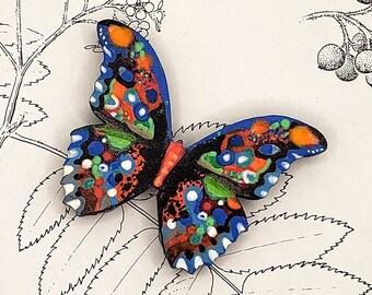 Hand-Painted Butterfly Brooch | One-of-a-Kind Wood Accessory
