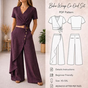 Boho Wrap-set med delmönster i PDF-format, vida byxor, linneoutfit (digital nedladdning)