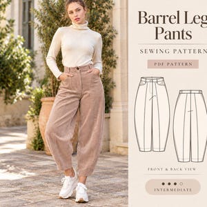 May include: A sewing pattern for barrel leg pants featuring a beige turtleneck, light brown corduroy pants, and a technical line drawing showing the front and back views of the garment. The text reads Barrel Leg Pants, Sewing Pattern, PDF Pattern, Front & Back View, and Intermediate.