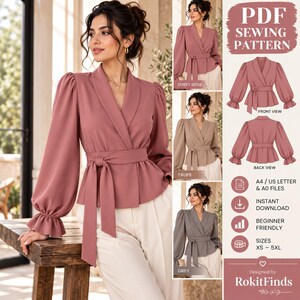 Wrap Jacket Sewing Pattern, Women's Belted Peplum Top with Puff Sleeves
