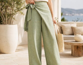 Tie Waist Wide Leg Pants Sewing Pattern, Beginner Wrap Trousers (Digital Download)