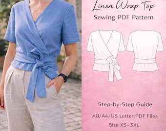 Linen Wrap Top Sewing Pattern, Women Summer Blouse, V-Neck Tie Waist (Digital Download)