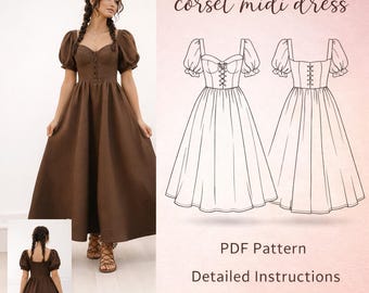 Cottagecore Linen Midi Dress Sewing Pattern, Corset Bodice Puff Sleeve (PDF Pattern)