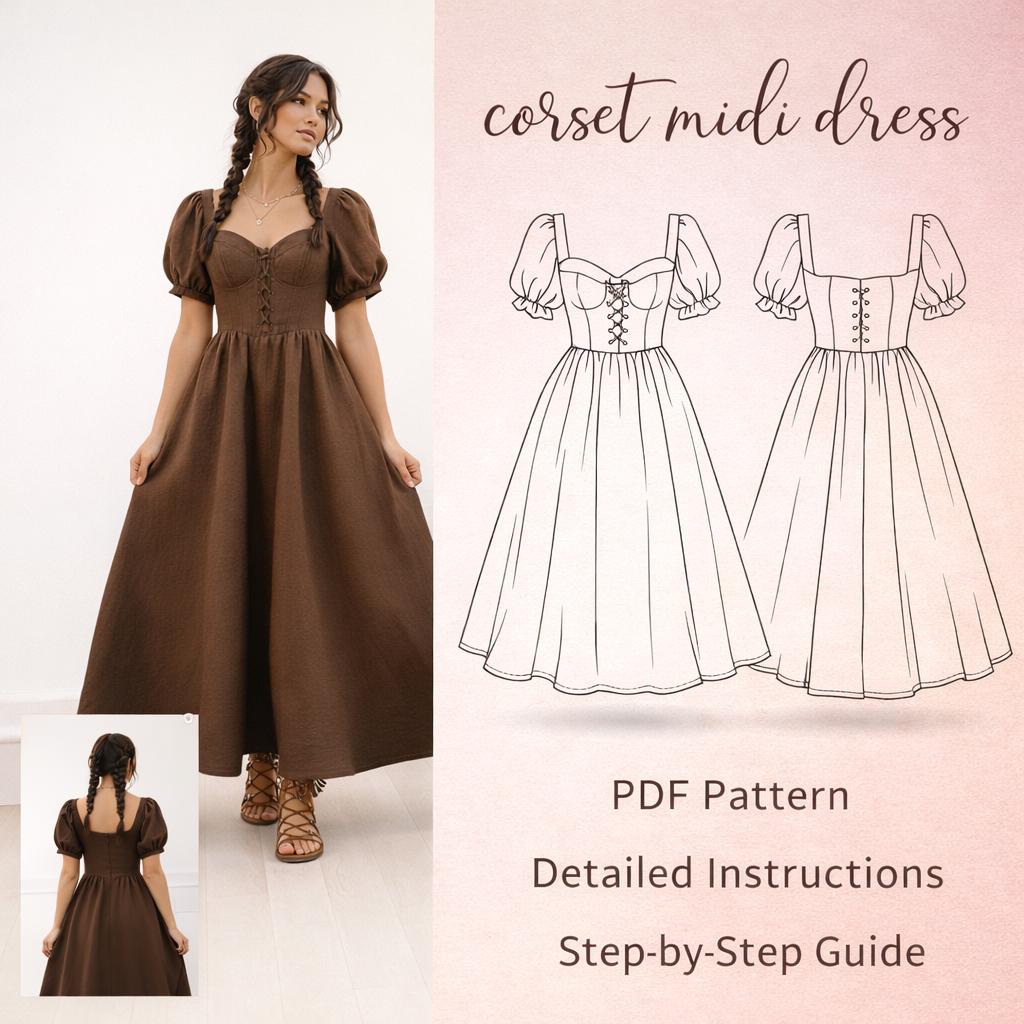 linen corset long midi dress Linen Blend Ivory & Blue Floral Maxi Dress - All Dresses main image 1