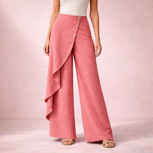 Op de afbeelding: Koraalroze broek met wijde pijpen, een wikkelvoorkant en een knoopsluiting. De broek heeft een trapsgewijs ruchedetail op de linkerpijp. De stof lijkt een lichtgewicht linnen of een vergelijkbaar materiaal te zijn, geschikt voor warm weer.