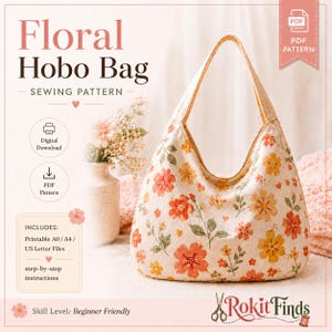 Nybörjarmönster för blommig hoboväska, handledning för halvmåneformad axelväska (PDF)