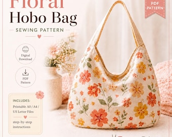 Patrón de costura para principiantes para bolso hobo floral, tutorial para bolso de hombro en forma de media luna (PDF)