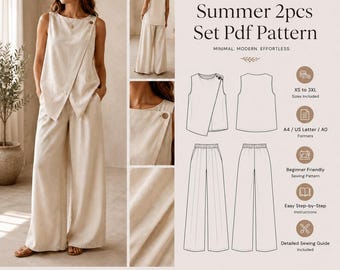 Linen Summer Two Piece Sewing Pattern, Wrap Top Wide Leg Pants (PDF Download)