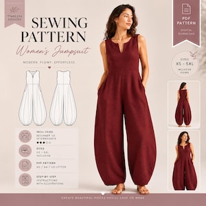 Op de afbeelding: Een digitaal naaipatroon voor een mouwloze jumpsuit met een V-hals en wijde, toelopende broekspijpen. Het patroon bevat de maten XS tot 5XL, stapsgewijze instructies en illustraties. De jumpsuit wordt getoond in een donkerrode kleur.
