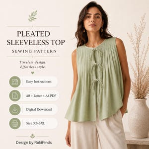 Pleated Sleeveless Blouse Sewing Pattern, Tie-Front A-Line Top (PDF Download)