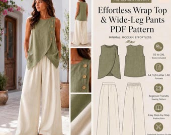 Linen Two Piece Sewing Pattern, Buttoned Wrap Top Wide Leg Pants (PDF Download)