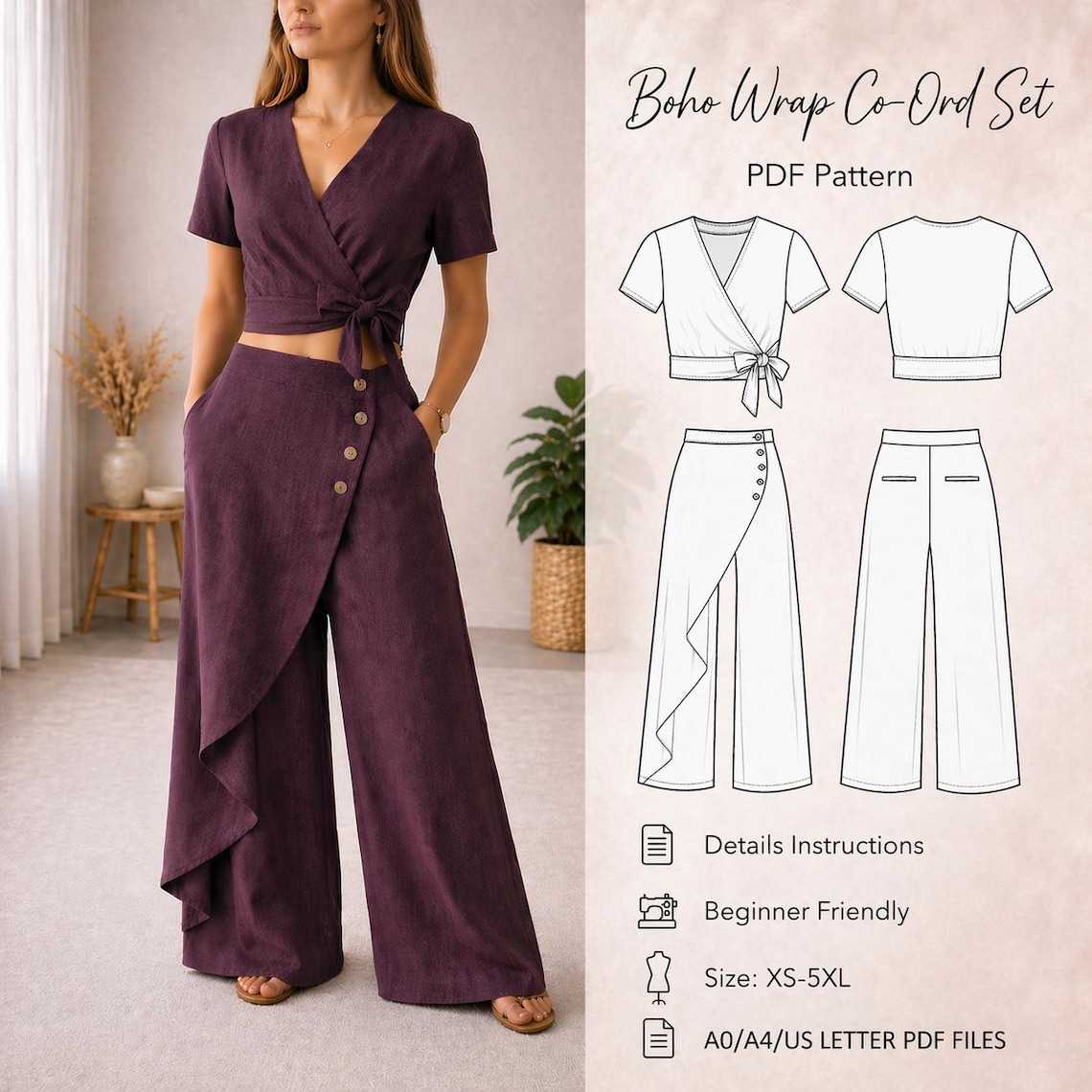 Boho Wrap Co-ord Set PDF Sewing Pattern, Wide Leg Pants, Linen Outfit ...