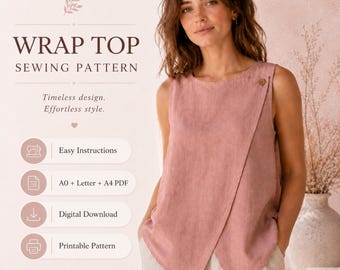 Women's Sleeveless Wrap Top Sewing Pattern, Easy Beginner Instructions (PDF Download)