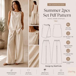 May include: A beige two-piece set consisting of a sleeveless wrap-style top with a single button closure and wide-leg trousers. The digital pattern includes technical line drawings, size range XS to 3XL, and instructions for sewing this garment.