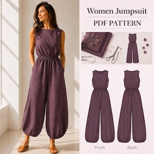 May include: A sleeveless jumpsuit in a deep plum colour with a round neckline and an elasticated waist. The design features wide-leg trousers with gathered cuffs. The image includes text reading Women Jumpsuit PDF PATTERN and technical illustrations.