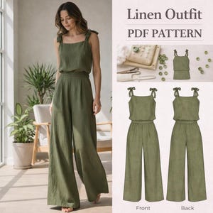 Puede incluir: Un conjunto de lino verde oliva, con un top de cuello cuadrado con tirantes anudados y pantalones de pernera ancha. La imagen también incluye un patrón PDF con el texto "Linen Outfit" y un diagrama de las vistas delantera y trasera del conjunto.
