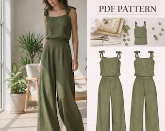 Leinen Zweiteiler Outfit Schnittmuster, Hose mit weitem Bein, Sommer Top (PDF Download)