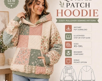 Cartamodello per felpa con cappuccio trapuntata e patchwork, giacca oversize per principianti (PDF)