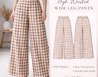 Patrón de costura (PDF) para pantalones de talle alto y pierna ancha, pantalones de lino, tallas XS-3XL