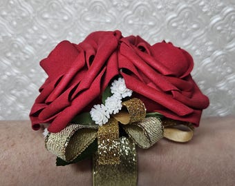 Red Rose Silk Flower Corsage Bracelet | Keepsake Floral Wristband