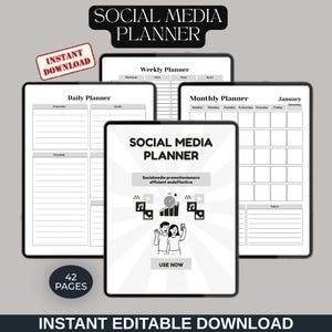 Agenda per i social media di 42 pagine, calendario dei contenuti, strumento di organizzazione marketing (download digitale)