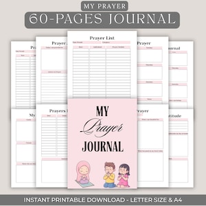 May include: A pink and white prayer journal with the text "MY Prayer JOURNAL" and illustrations of children praying. The journal is surrounded by open pages with prayer lists and journaling prompts. The text "60-PAGES JOURNAL" is at the top.